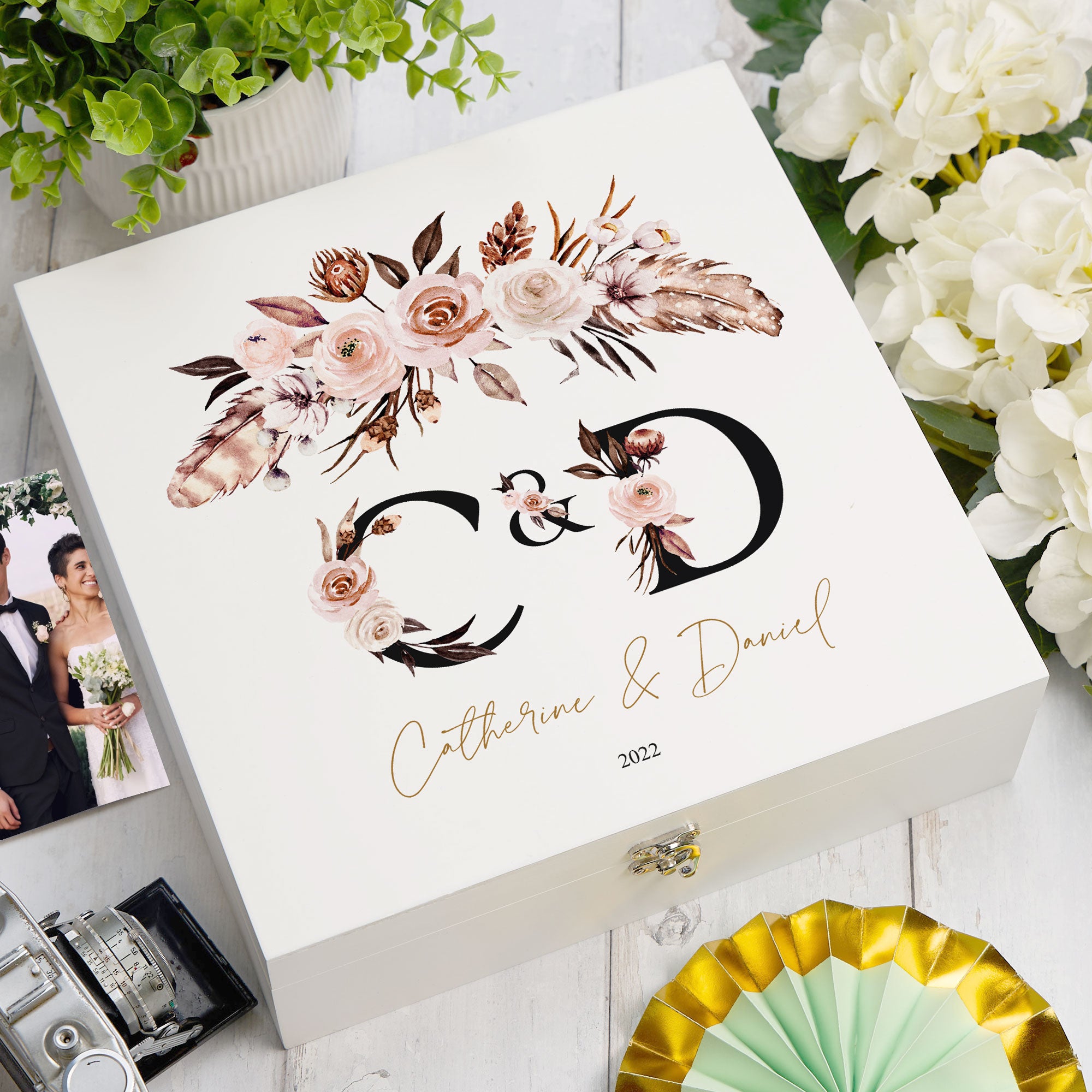 ukgiftstoreonline Personalised Boho Style Black Text Wedding Keepsake Memory Box Gift Keepsake Memory Box ukgiftstoreonline Wood Box Large