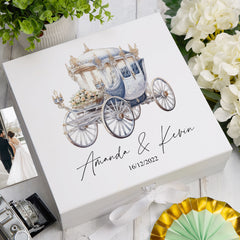 Personalised Wedding Box With Carriage Design and Ribbon Closure
