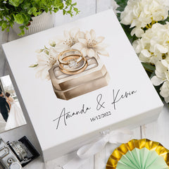 Personalised Wedding Box With Floral Ring Box Design and Ribbon Closure