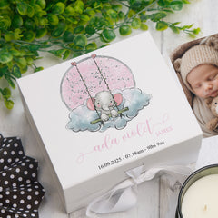 ukgiftstoreonline Personalised Baby Girl Gift Keepsake Memory Box Elephant On Swing