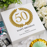 Personalised 50th Birthday Gift for him Keepsake Memory Box Gold Wreath Design