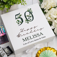 Personalised 50th Birthday Green Leaf Design Keepsake Memory Gift Box.
