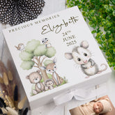 Personalised White Baby Memory Box, Woodland Animals, Special Baby Keepsake For Photos, Favourite Things and Mementos