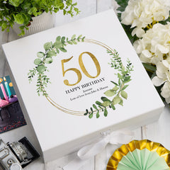 Personalised 50th Birthday Gift for her Keepsake Memory Box Gold Wreath Design