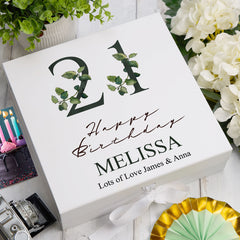 Personalised 21st Birthday Green Leaf Design Keepsake Memory Gift Box.