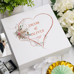 Personalised Wedding Box With Rose Gold Floral Heart and Ribbon