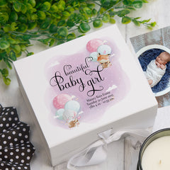 Personalised Baby Girl Memory Box Gift With Ribbon Balloon Design