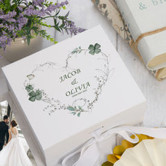 Personalised Wedding Box With Clover Leaf Floral Heart and Ribbon