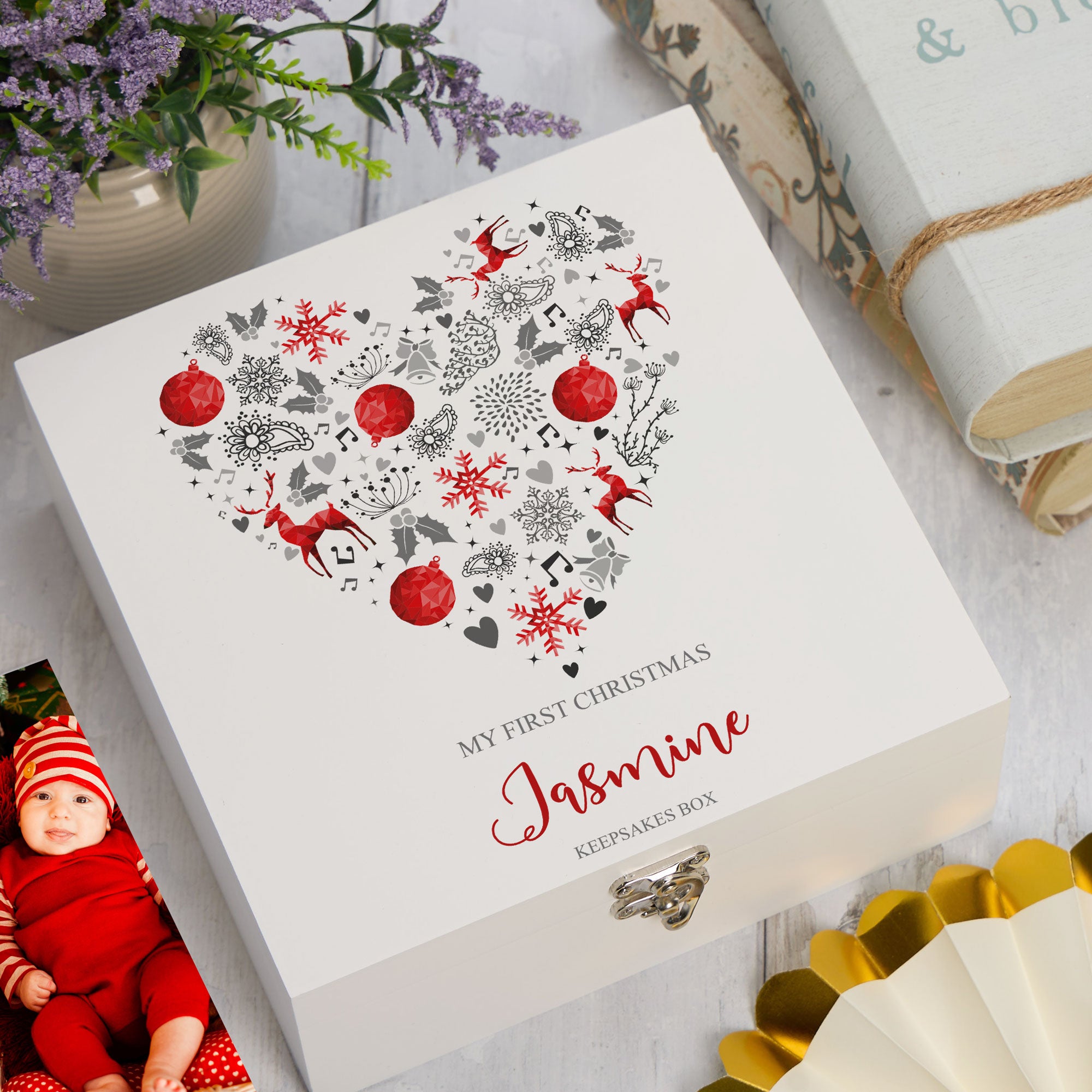 ukgiftstoreonline Personalised My First Christmas Heart Design Keepsake Memory Box Keepsake Memory Box ukgiftstoreonline Wood Box Large