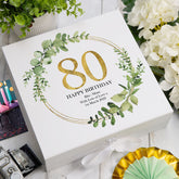 Personalised 80th Birthday Gift for her Keepsake Memory Box Gold Wreath Design
