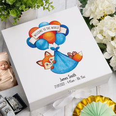 Personalised Welcome To The World Baby Boy Memory Keepsake Box With Fox