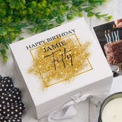 Personalised 50th Birthday Gift Keepsake Memory Box Gold Sparkles Design
