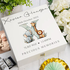 Personalised White Baby Memory Box, With Animal Alphabet Design, Special Baby Keepsake For Photos, Favourite Things and Mementos