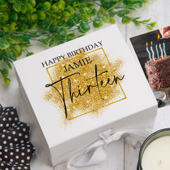 Personalised 13th Birthday Gift Keepsake Memory Box Gold Sparkles Design