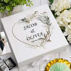 Personalised Wedding Box With Silver Green Leaf Heart and Ribbon