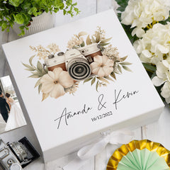 Personalised Wedding Box With Floral Camera Design and Ribbon Closure
