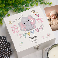 ukgiftstoreonline Personalised Luxury Wooden Baby Girl Keepsake Box Elephant Design