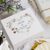 Personalised Wedding Box With Watercolour Floral Heart and Ribbon