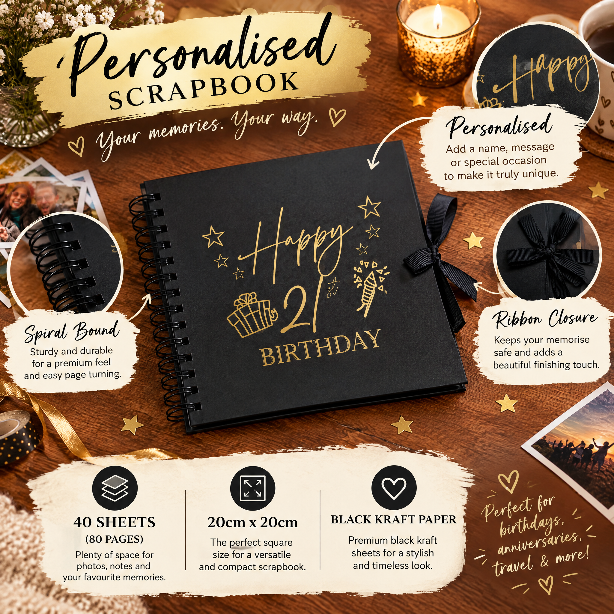 21st Birthday Black Scrapbook Photo Album with Gold Script Present Design Birthday Photo Album ukgiftstoreonline
