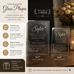 The image is a promotional advertisement for engraved glass plaques, available in two sizes. The ad highlights the sentimental value of the plaques as gifts for sisters, emphasizing their premium quality, elegant design, durability, and the perfect fit for various occasions. The ad also mentions that the plaques are beautifully packaged and ready to be gifted.