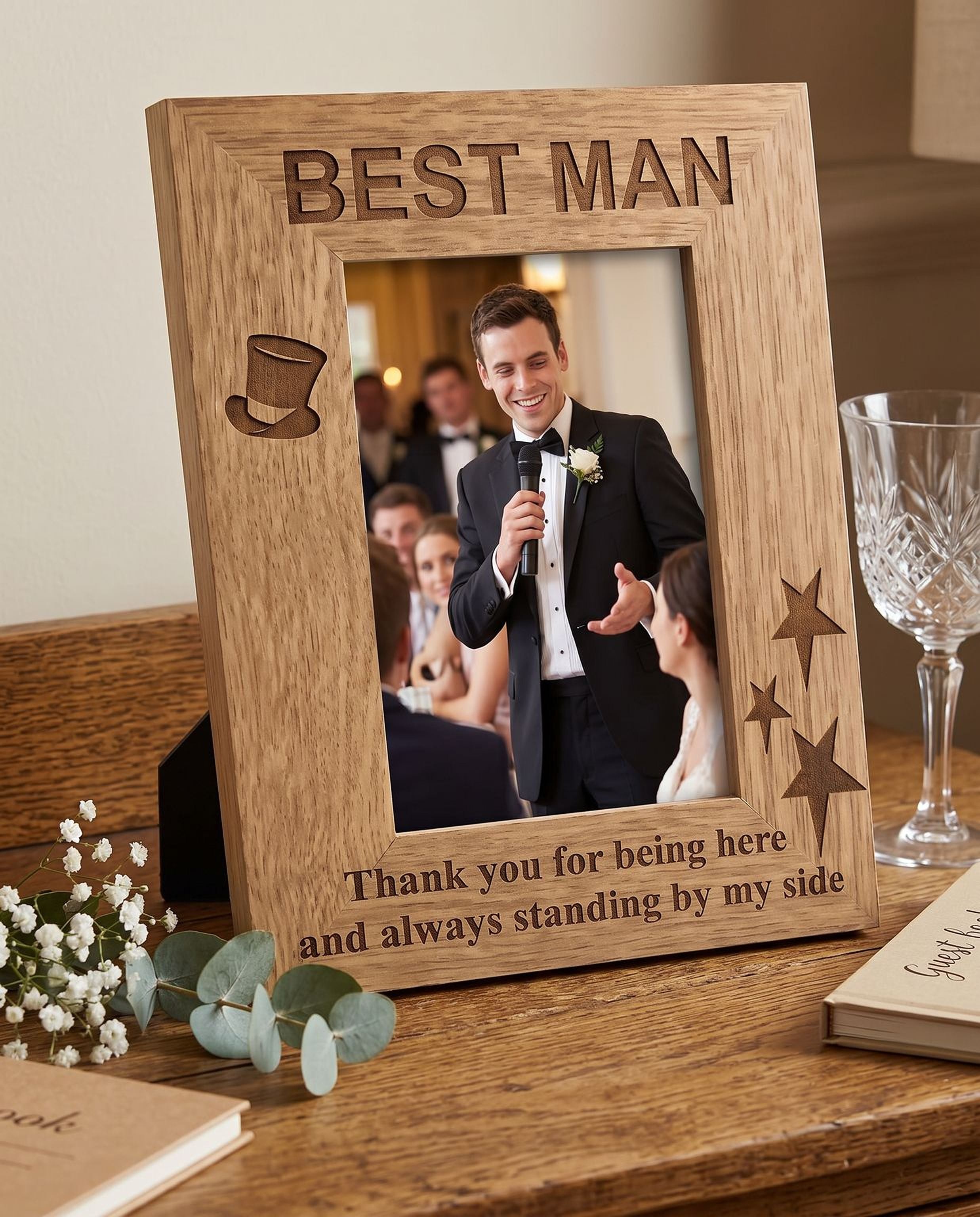 Best Man Gift Frame - Oak Wood Finish Personalized Photo Frame With Engraving & Stand Photo Frame ukgiftstoreonline