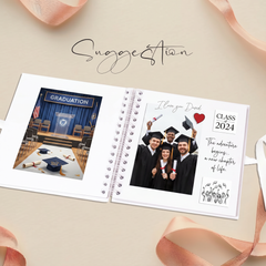 The image is a graduation-themed page with a graduation cap and mortarboard, as well as a photo of a group of graduates.