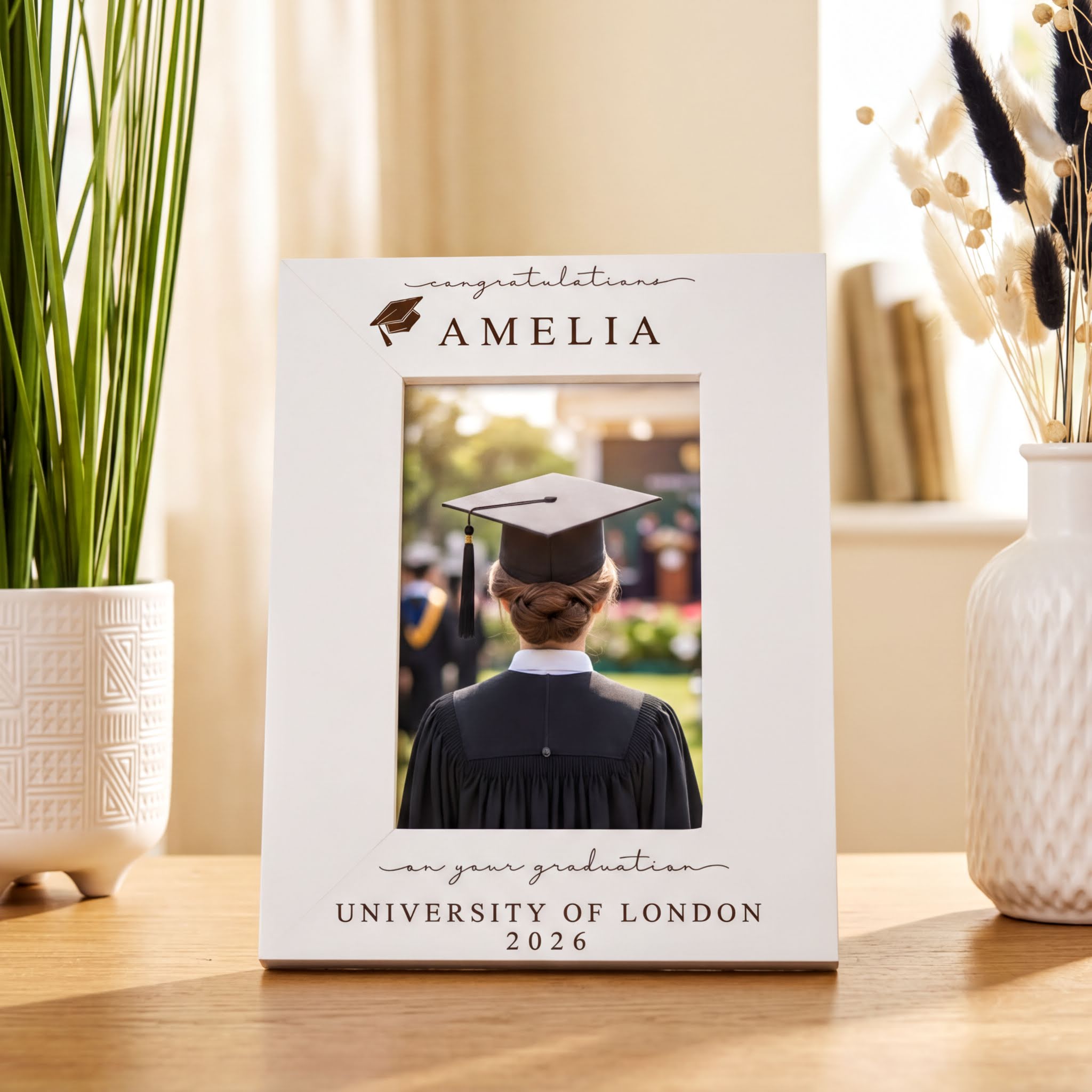 Personalised White Wooden Engraved Graduation Photo Frame Gift For University Graduate ukgiftstoreonline