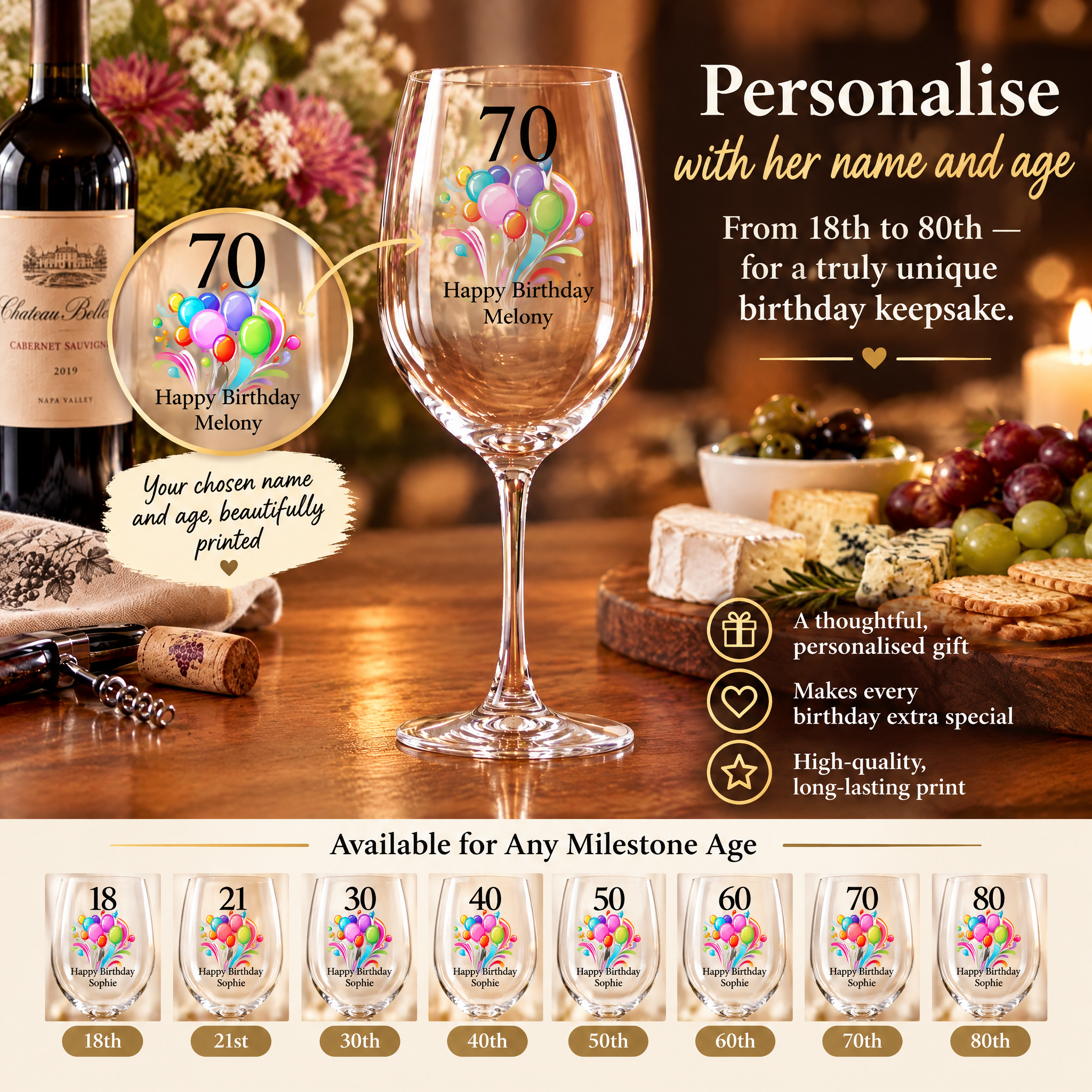 Personalised Birthday Wine Glass, Any Age Milestone Gift With Balloons Personalised Gin Glass ukgiftstoreonline