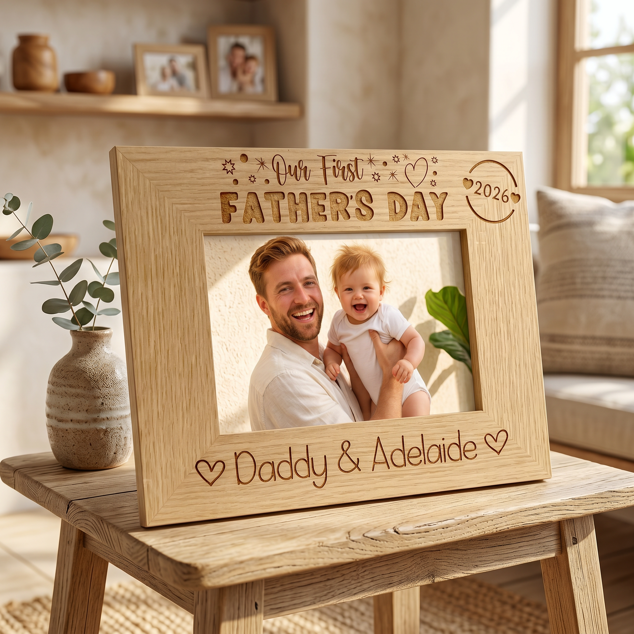 ukgiftstoreonline Personalised Our first Fathers Day Photo Frame Oak wood finish Landscape Father's Day Photo Frame ukgiftstoreonline