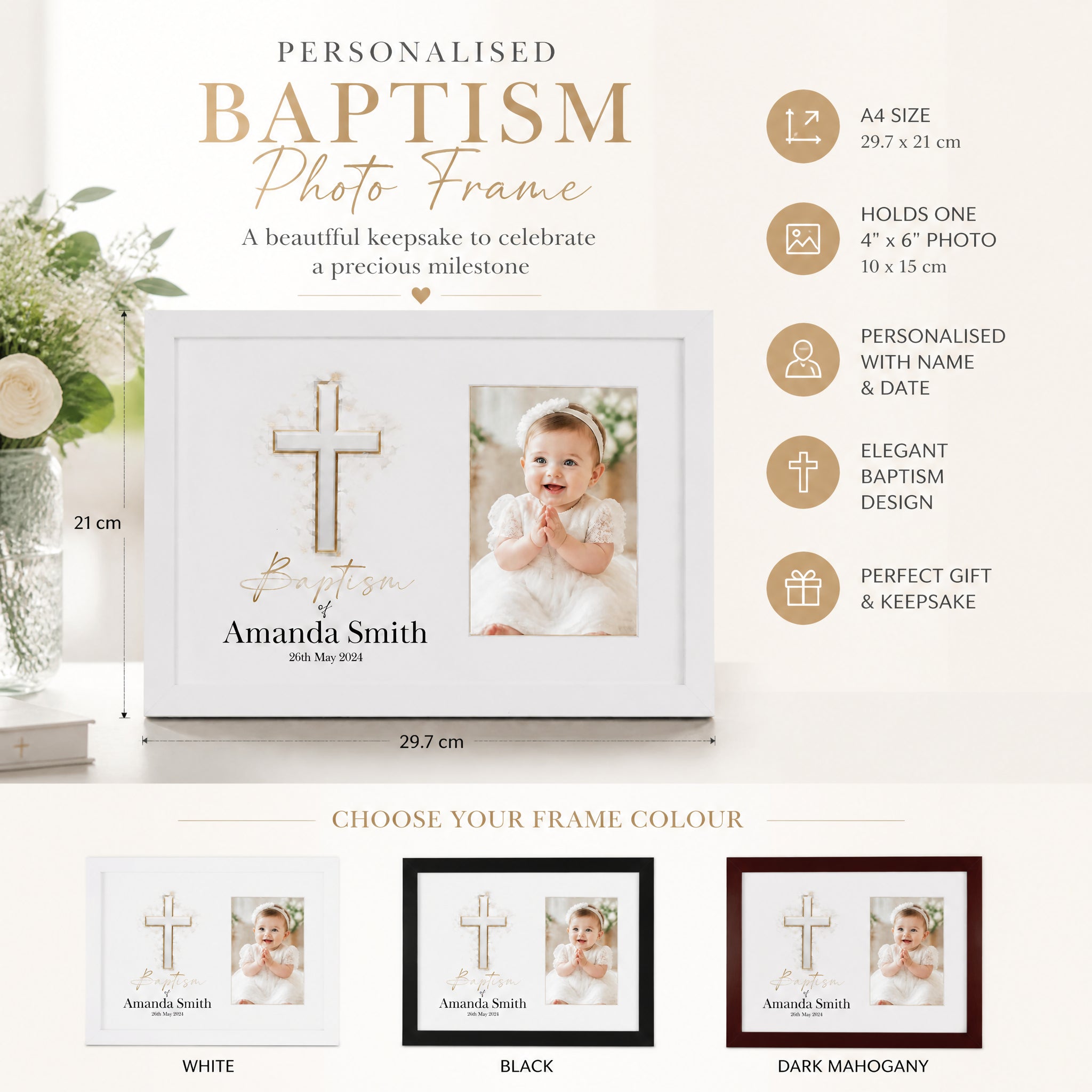 Personalised Baptism Photo Frame, Silver Cross, 6x4 Wooden Keepsake personalised photo frames ukgiftstoreonline