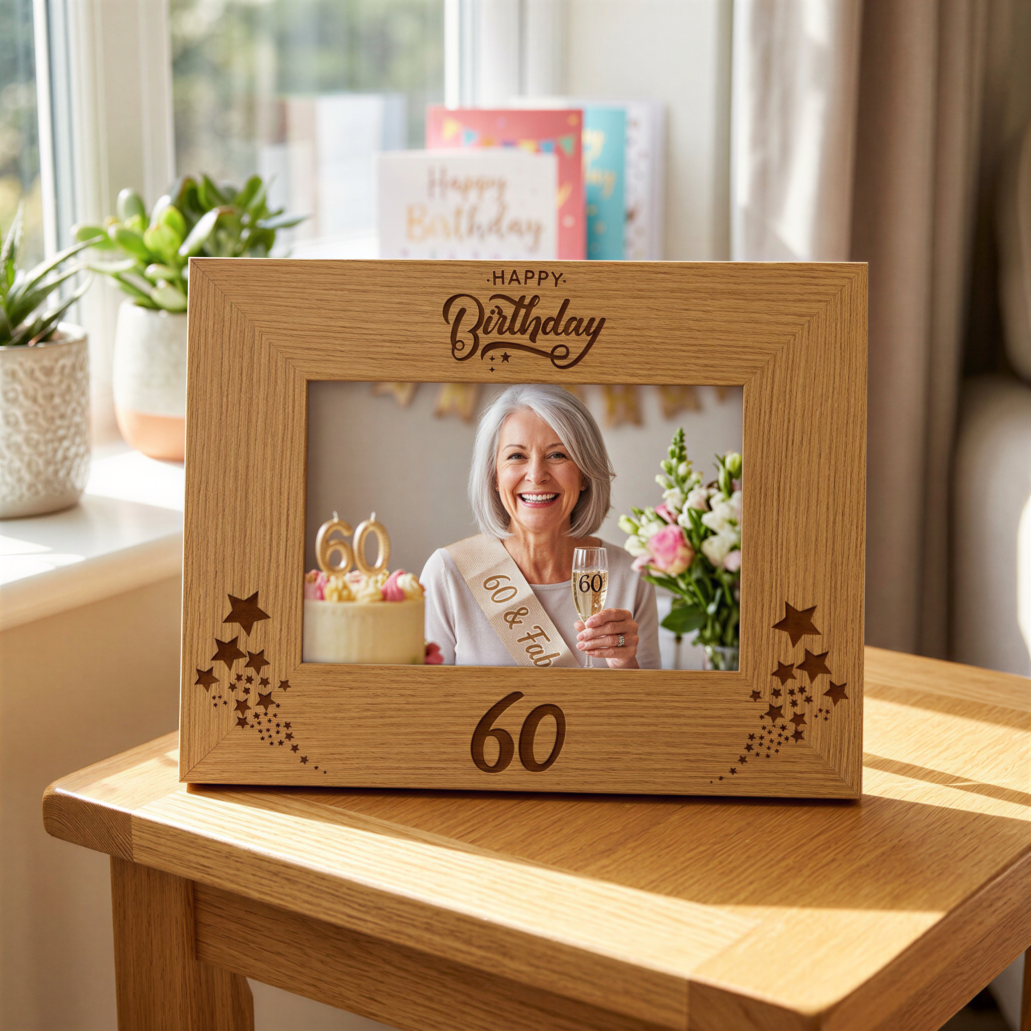 60th Birthday Photo Frame, Wooden Oak Finish Gift Display Stand Birthday Photo Frame ukgiftstoreonline