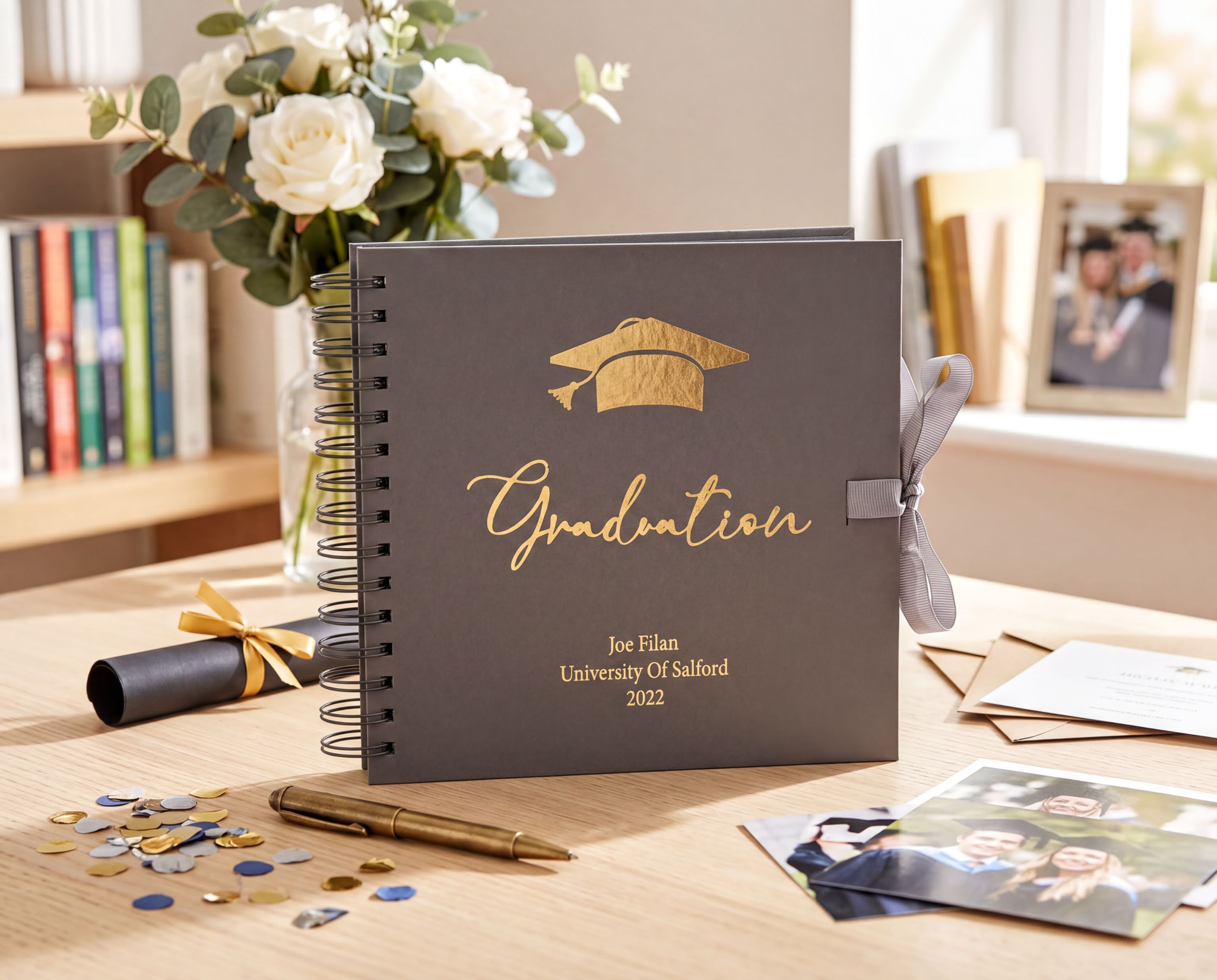A graduation album with a graduation cap on top, surrounded by graduation-related items such as a graduation cap, a graduation gown, and confetti.