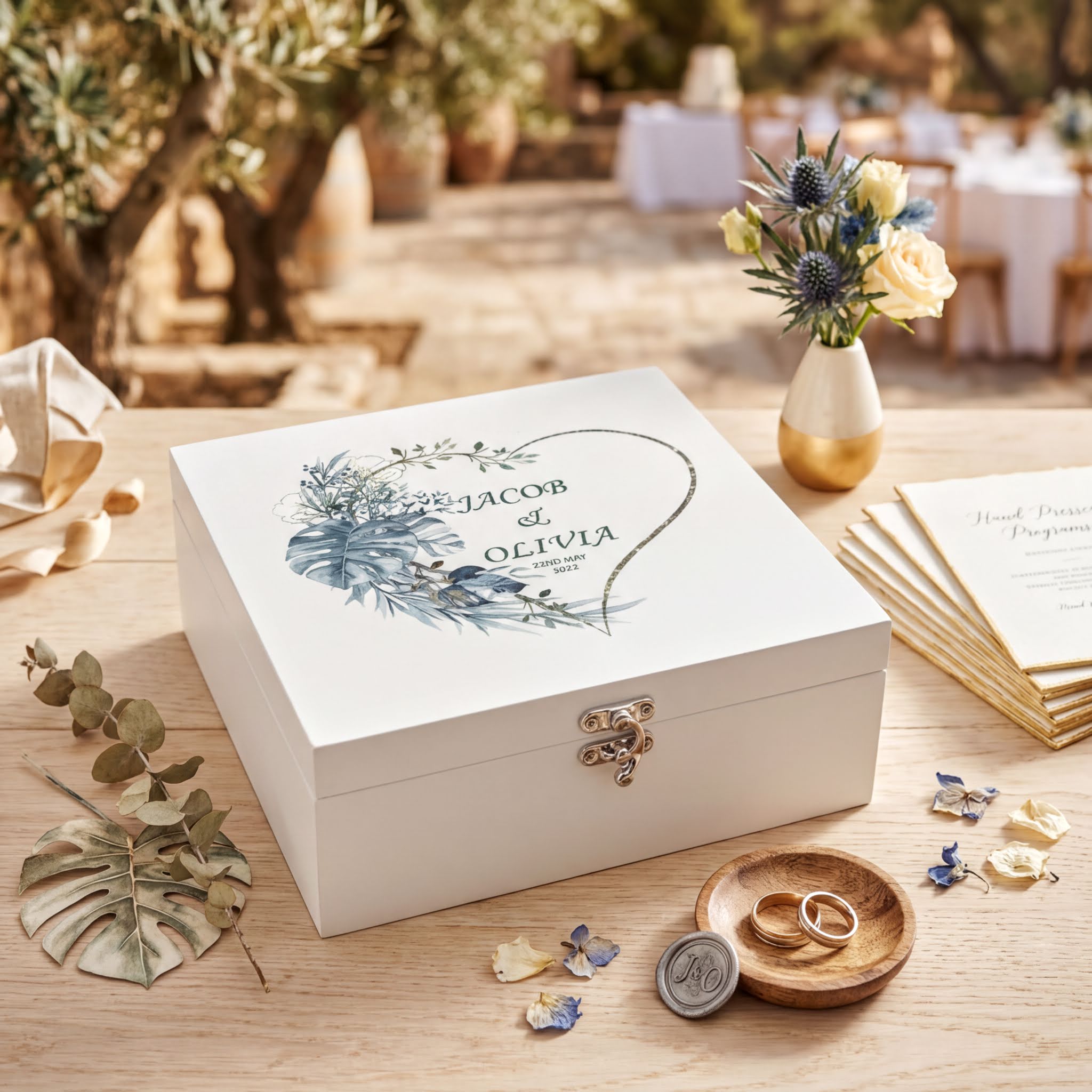 Personalised Luxury Wooden Wedding Box Keepsakes With Blue Tropical Heart Keepsake Wooden Box ukgiftstoreonline