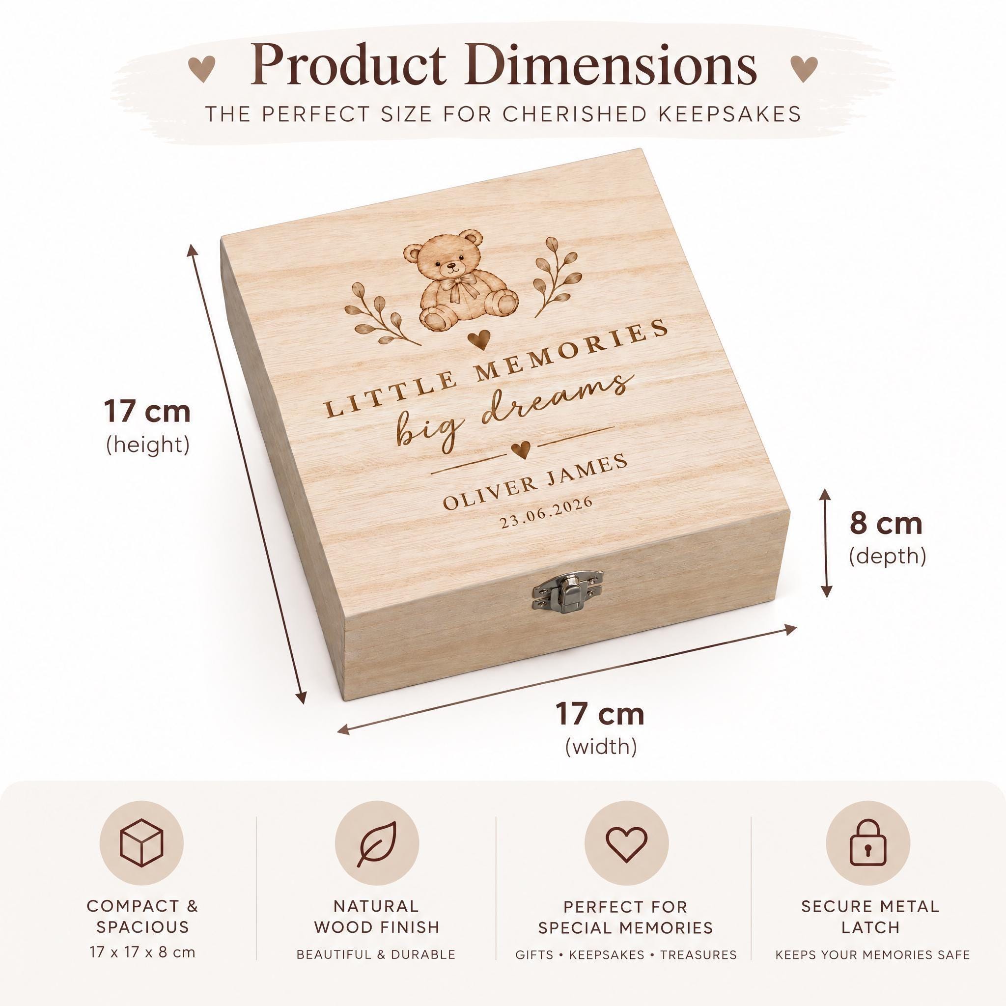 The image is a product dimensions chart for a wooden keepsake box. It provides the dimensions and features of the box, including its height, width, and depth.