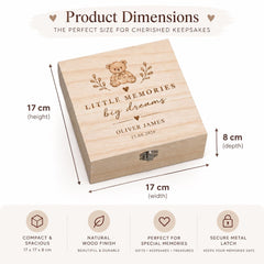 The image is a product dimensions chart for a wooden keepsake box. It provides the dimensions and features of the box, including its height, width, and depth.