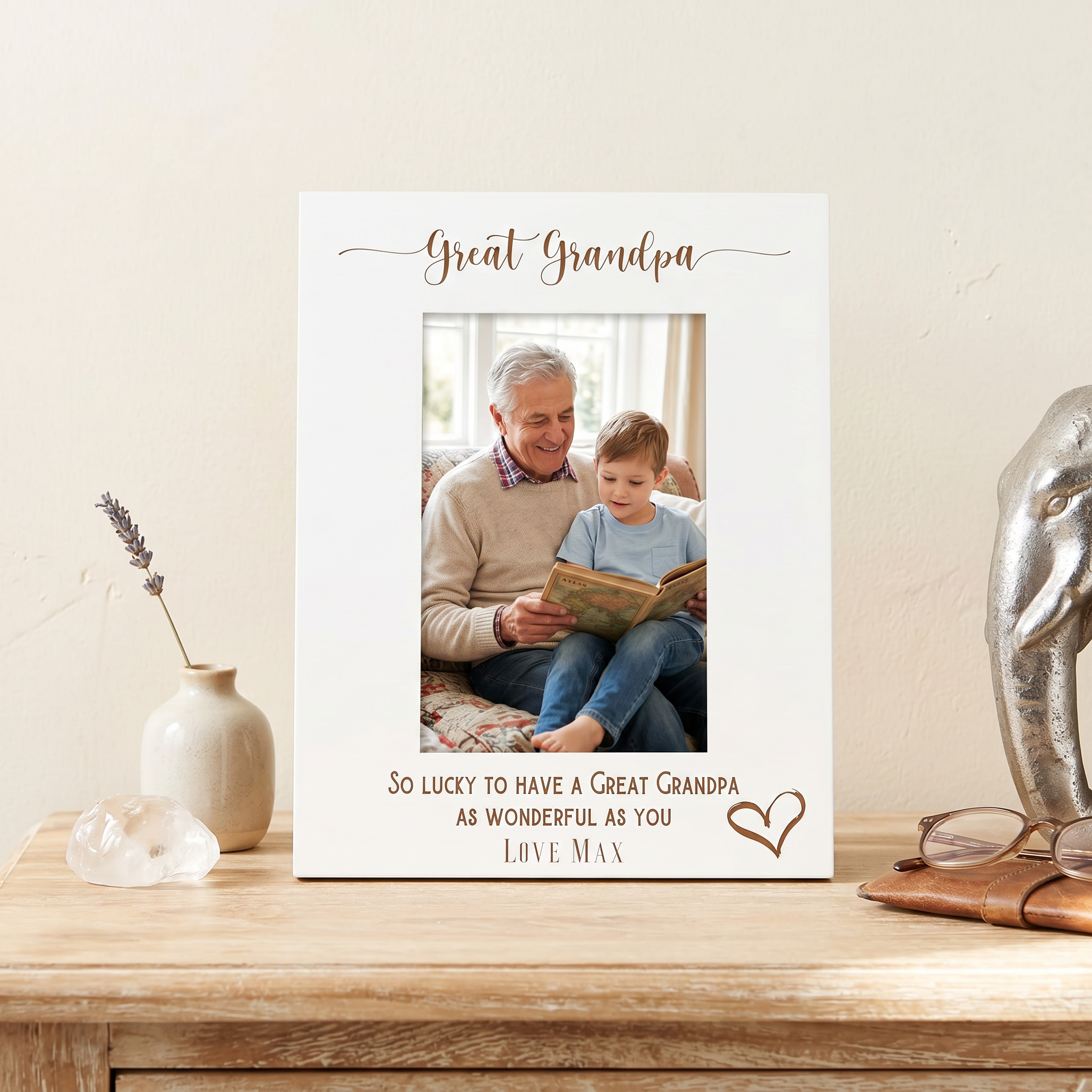 Personalised Great Grandpa Love Heart White Wooden Engraved Portrait Photo Frame Photo Frame ukgiftstoreonline