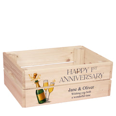 Personalised 1st Anniversary Crate Box Gift For Couple With Champagne Design