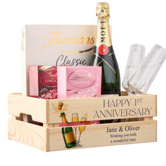 Personalised 1st Anniversary Crate Box Gift For Couple With Champagne Design