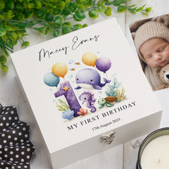Personalised 1st Birthday Keepsake Memory Box Gift With Sea Mammals