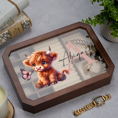 Luxury Large Wooden Jewellery Box Gift For Her With Cute Highland Cow