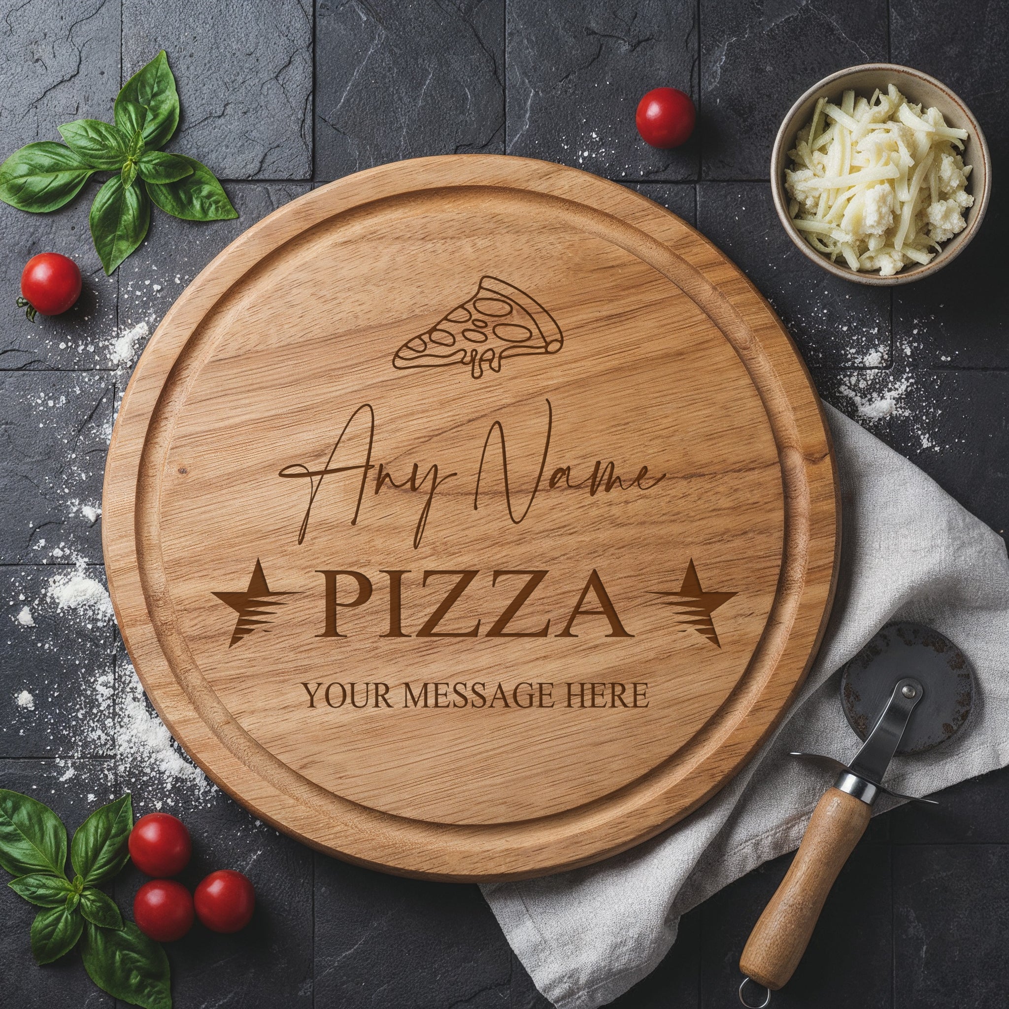 Large Personalised Custom Pizza Board Names Serving Tray Round Wooden ukgiftstoreonline