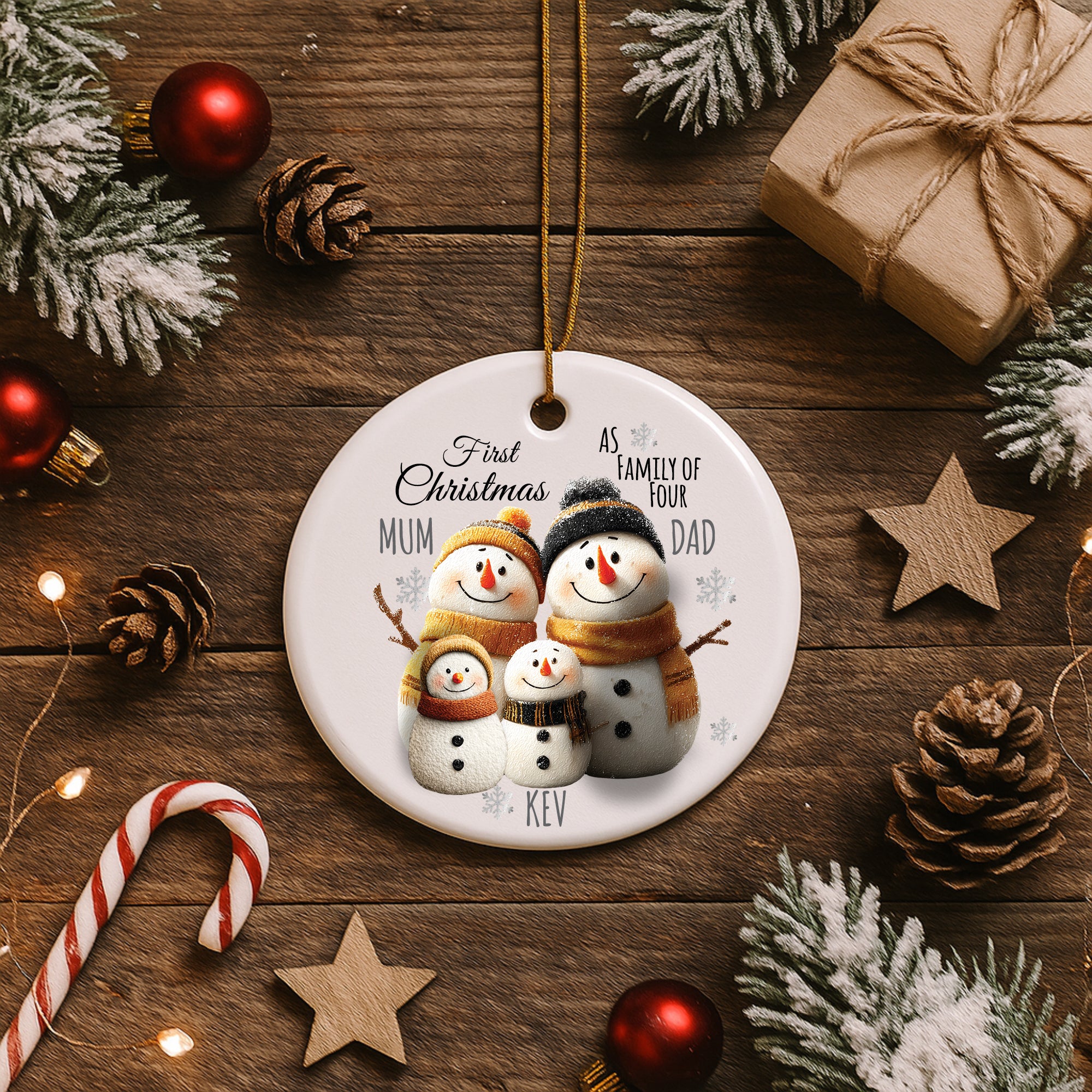 First Christmas as a Family Snowman Decoration Keepsake Christmas Bauble Gift Personalised Heart Gifts ukgiftstoreonline Family of Four