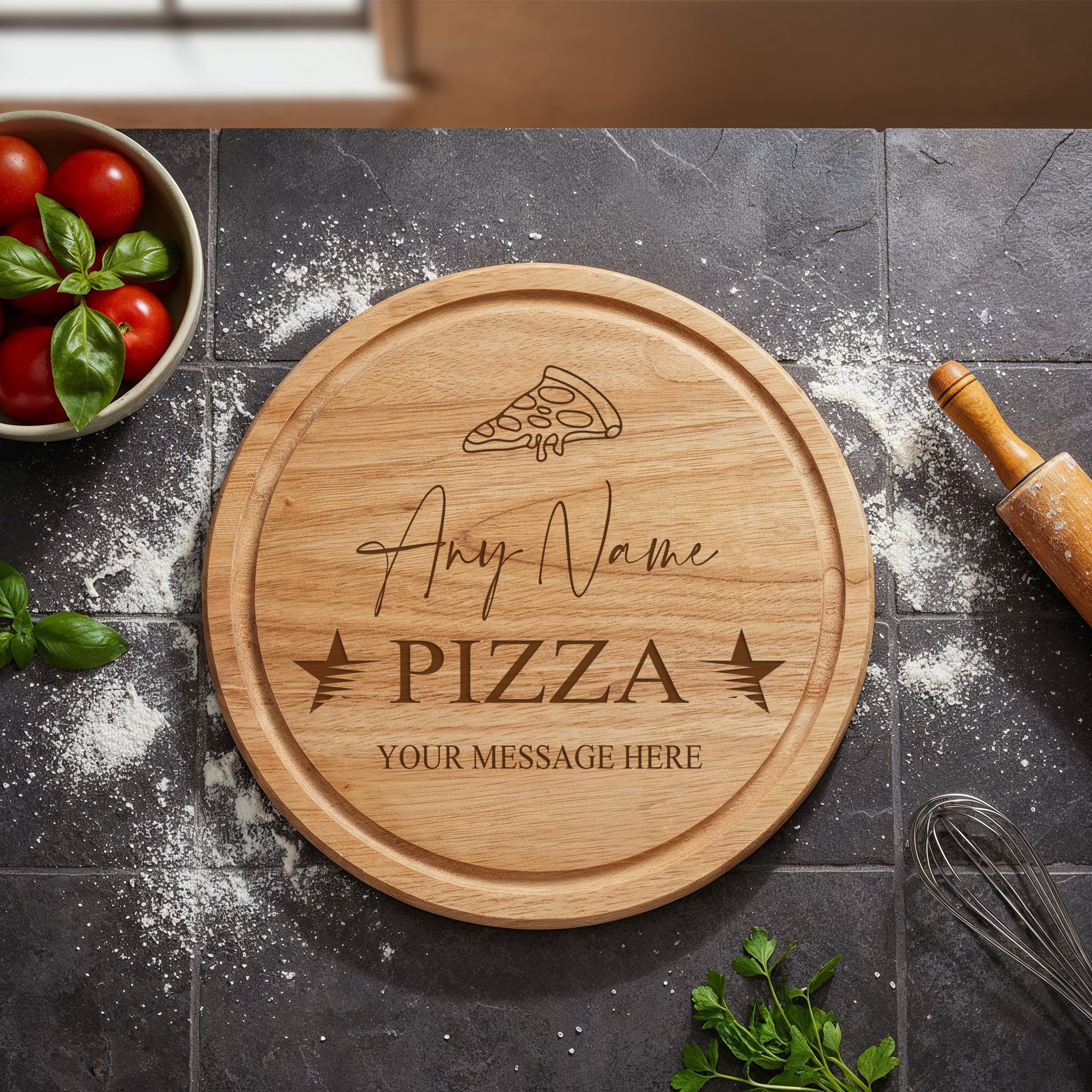 Large Personalised Custom Pizza Board Names Serving Tray Round Wooden ukgiftstoreonline