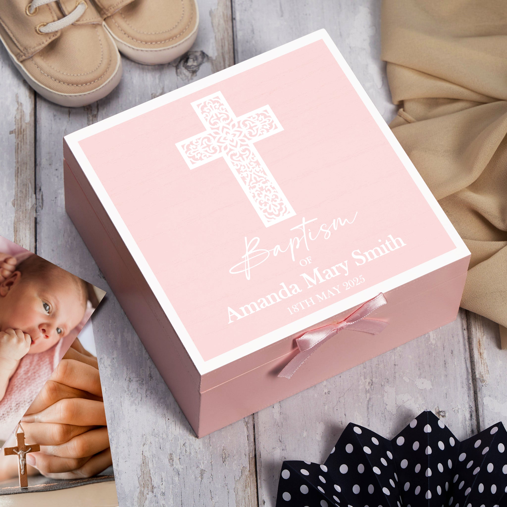 Personalised Baptism Keepsake Box Gift For Boys and Girls With Cross Keepsake Memory Box Baby Keepsakes Pink