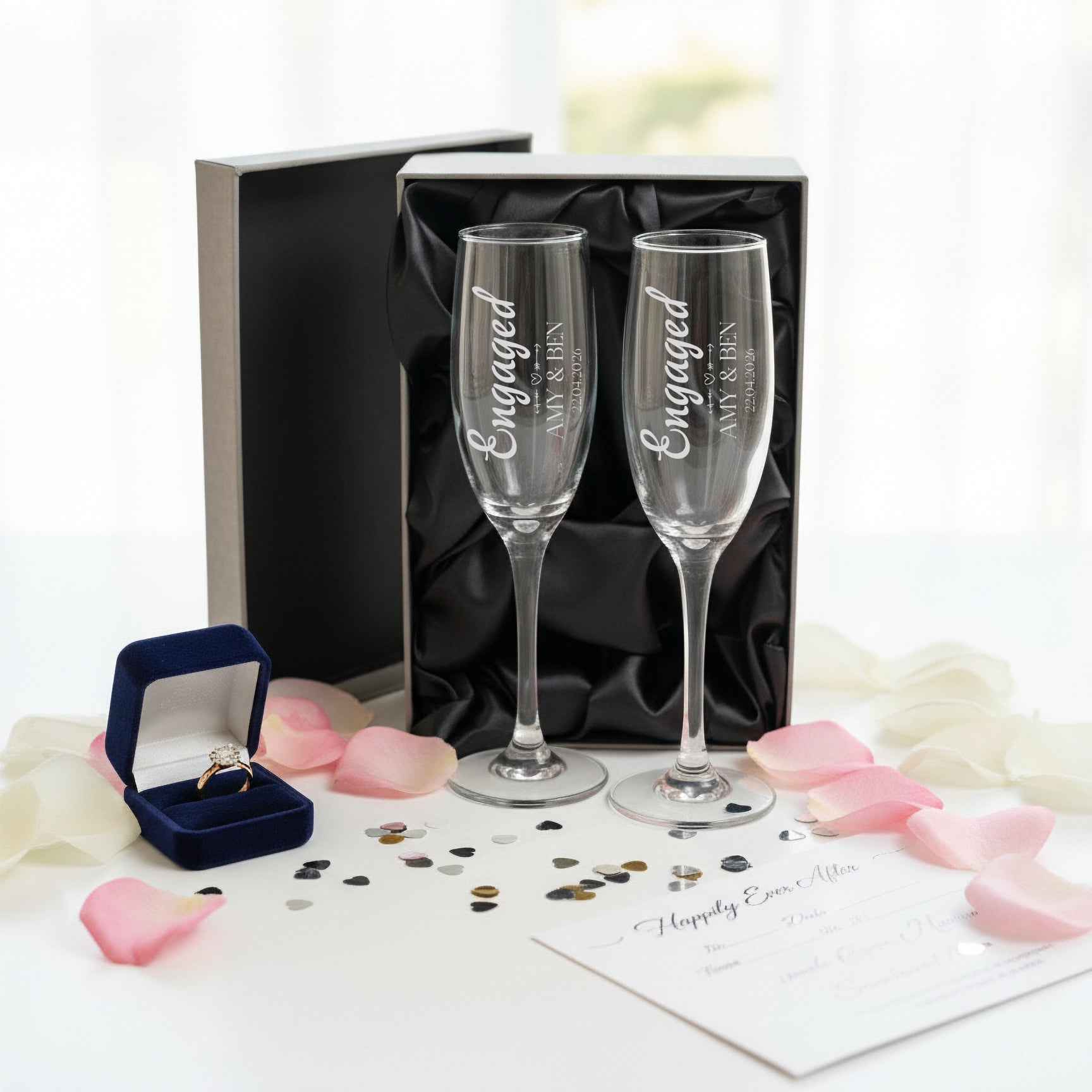Personalised Engagement Champagne Glasses – Custom Engraved Flutes With Luxury Gift Box Personalised Champagne Glasses ukgiftstoreonline