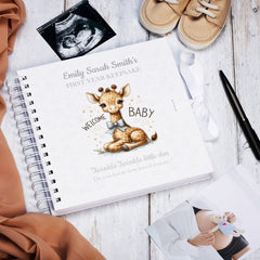 Personalised Baby's First Year Keepsake Journal Milestones and Memories With Cute Giraffe