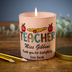 Beautiful Pink Teacher Candle Jar Gift With Pencils and Apple