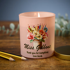 Beautiful Pink Teacher Candle Jar Gift With Floral Pencil Pot