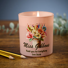 Beautiful Pink Teacher Candle Jar Gift With Floral Pencil Pot