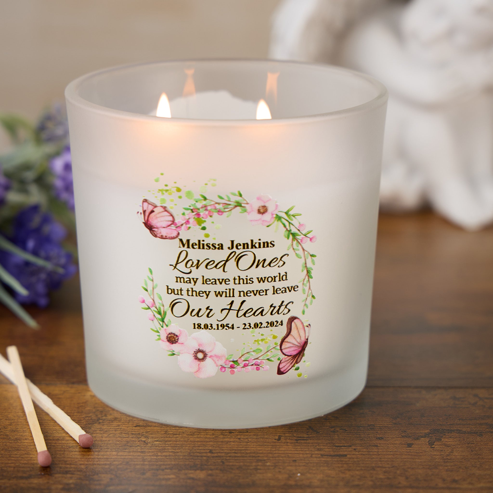 Personalised Large Candle Memorial Remembrance Butterflies and Flowers personalised Candle Lights ukgiftstoreonline